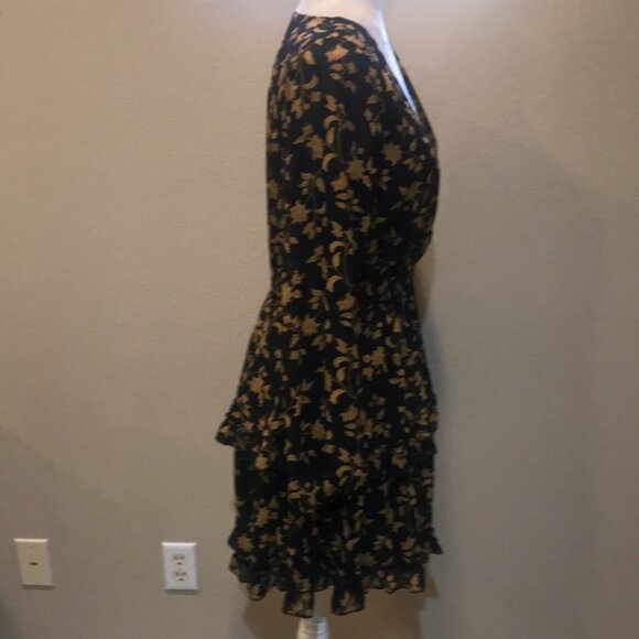 Black & Gold Floral Long Puffed Sleeve Dress Elastic Waist Layered Ruffle Hem-L - Picture 7 of 14